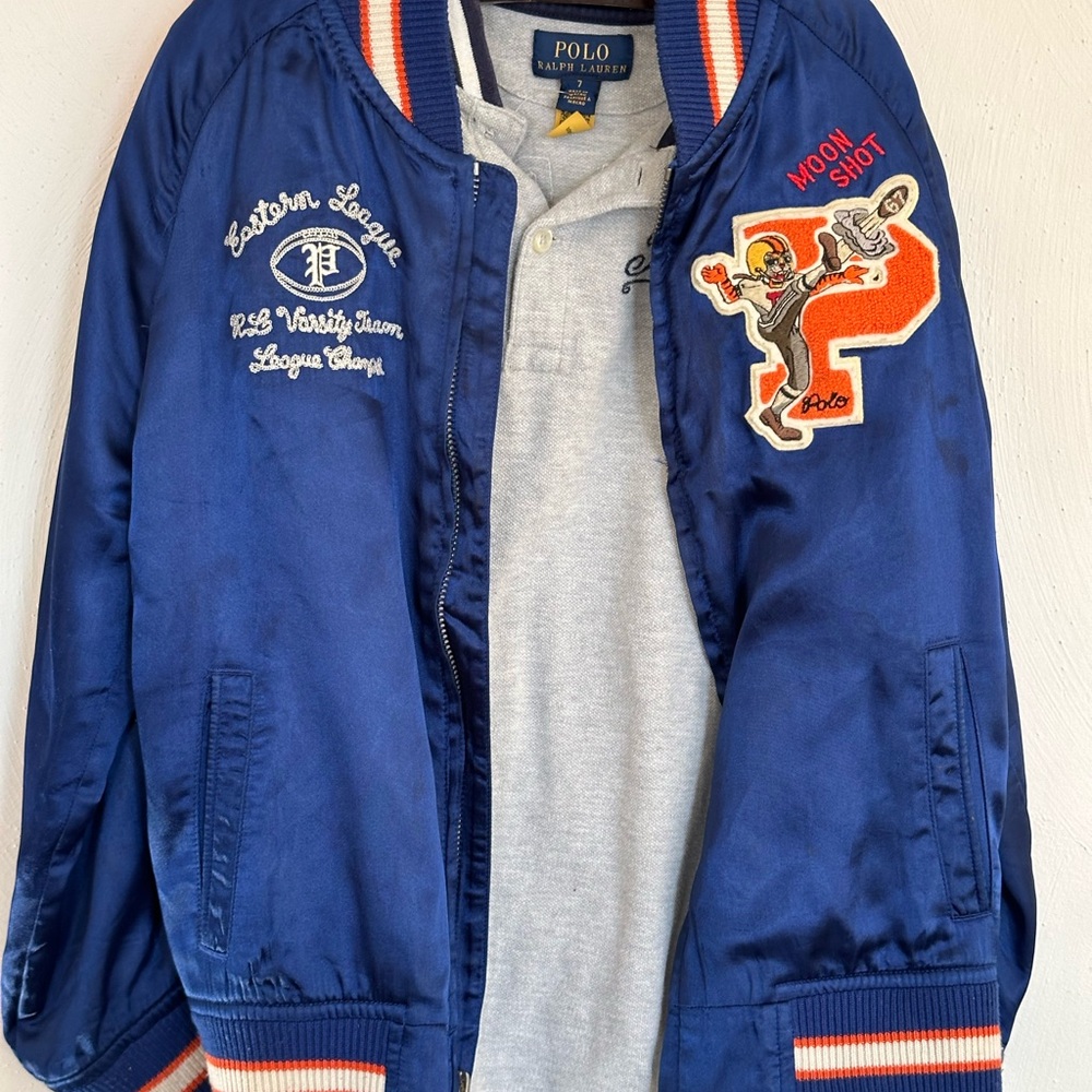 Rare POLO Ralph Lauren Blue Satin Varsity Letterman Jacket Boys 6/7 - Picture 3 of 14